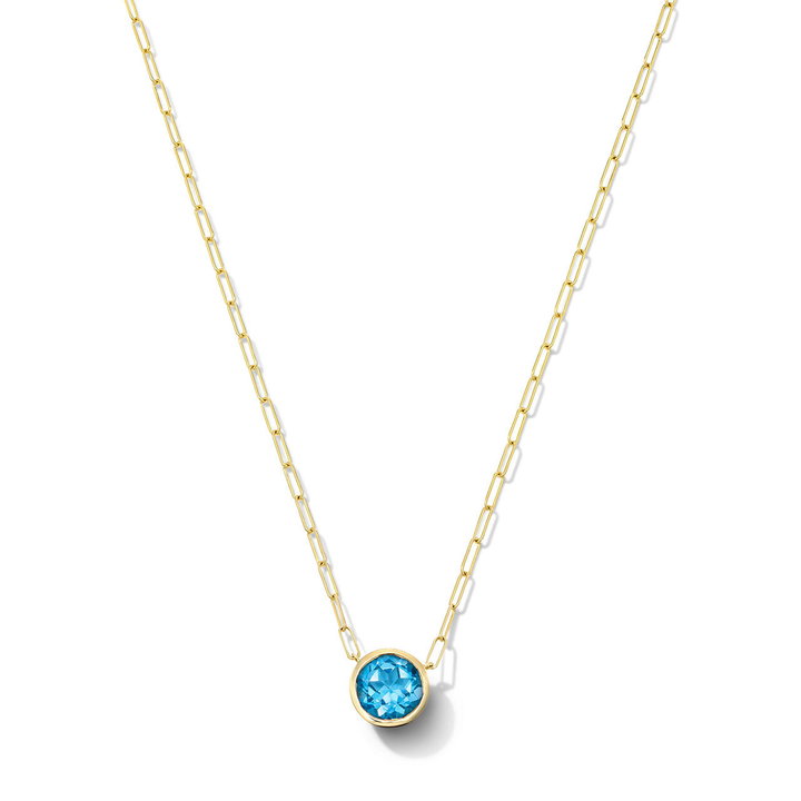 Blue Topaz Bezel Paperclip Chain Necklace In Yellow Gold 14K