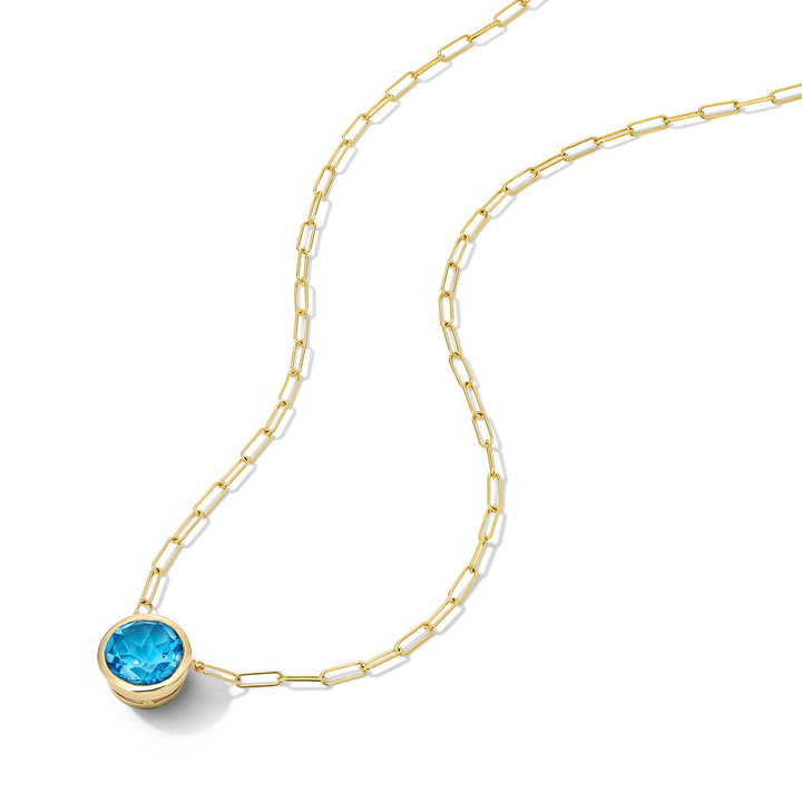 Blue Topaz Bezel Paperclip Chain Necklace In Yellow Gold 14K