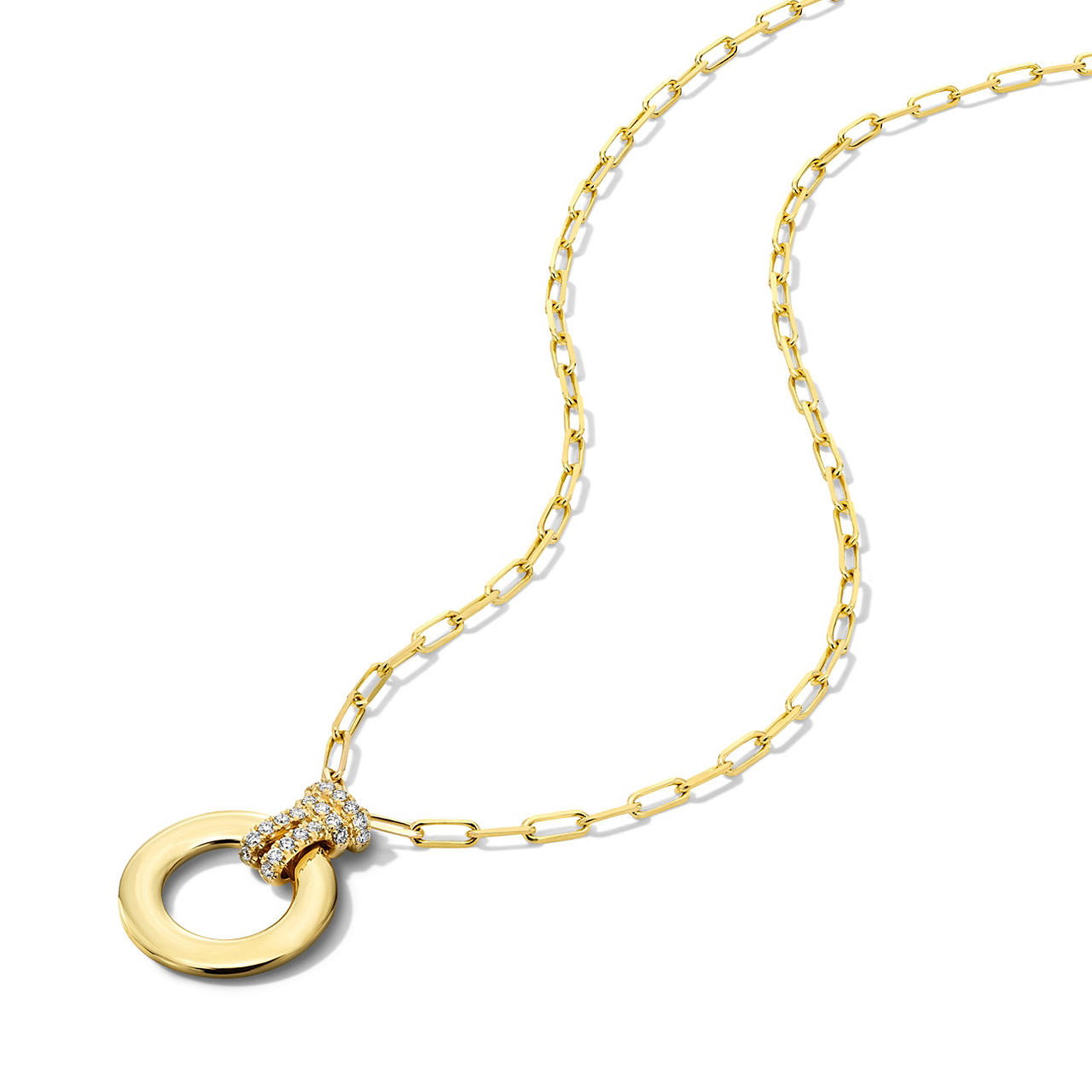 Gold Circle Diamond Bail Paperclip Chain Necklace