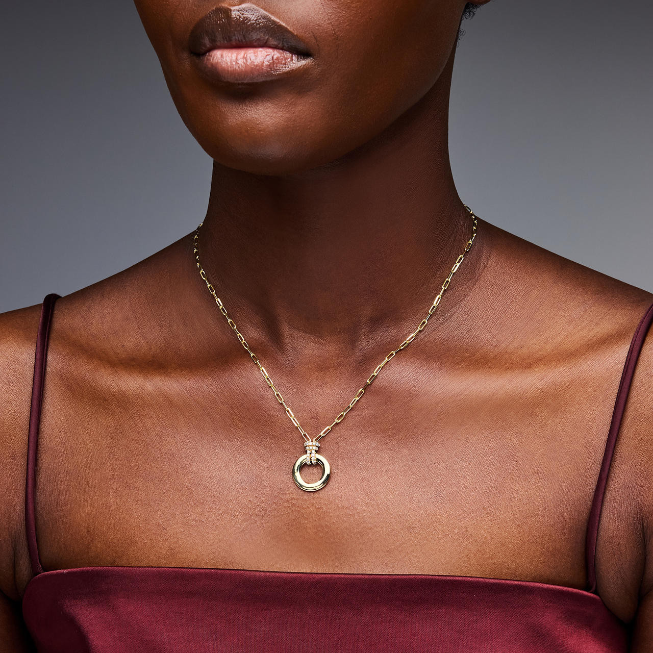 Gold Circle Diamond Bail Paperclip Chain Necklace