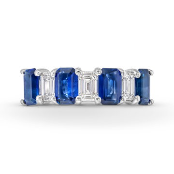 Emerald-Cut Diamond and Sapphire Alternating Wedding Band In Solid 18K White Gold