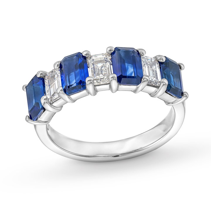 Emerald-Cut Diamond and Sapphire Alternating Wedding Band In Solid 18K White Gold