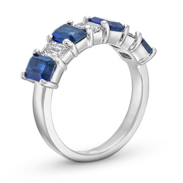 Emerald-Cut Diamond and Sapphire Alternating Wedding Band In Solid 18K White Gold