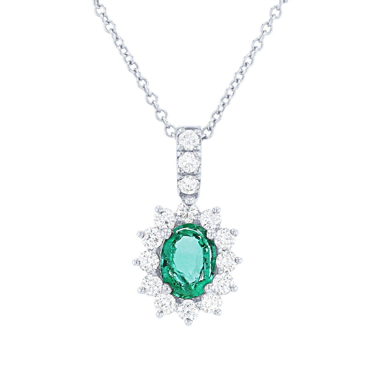 Green Emerald and Diamond Halo Pendant