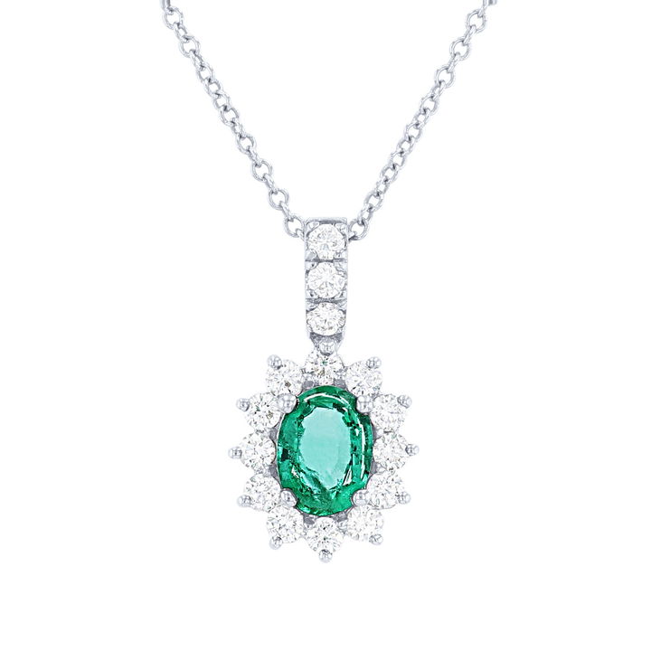 Green Emerald and Diamond Halo Pendant In White Gold 14K