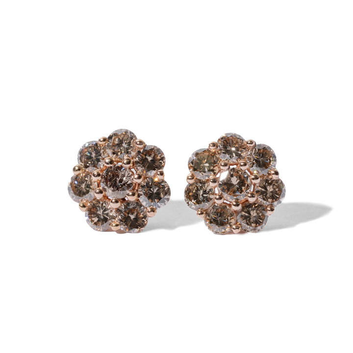 Rose Gold Cluster Brown Diamond Stud Earrings In Rose Gold 14K