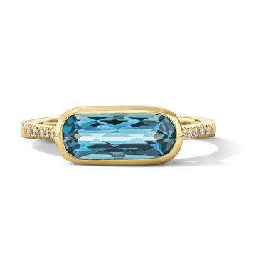 London Blue Topaz Diamond Bezel Ring In Solid 14K Yellow Gold