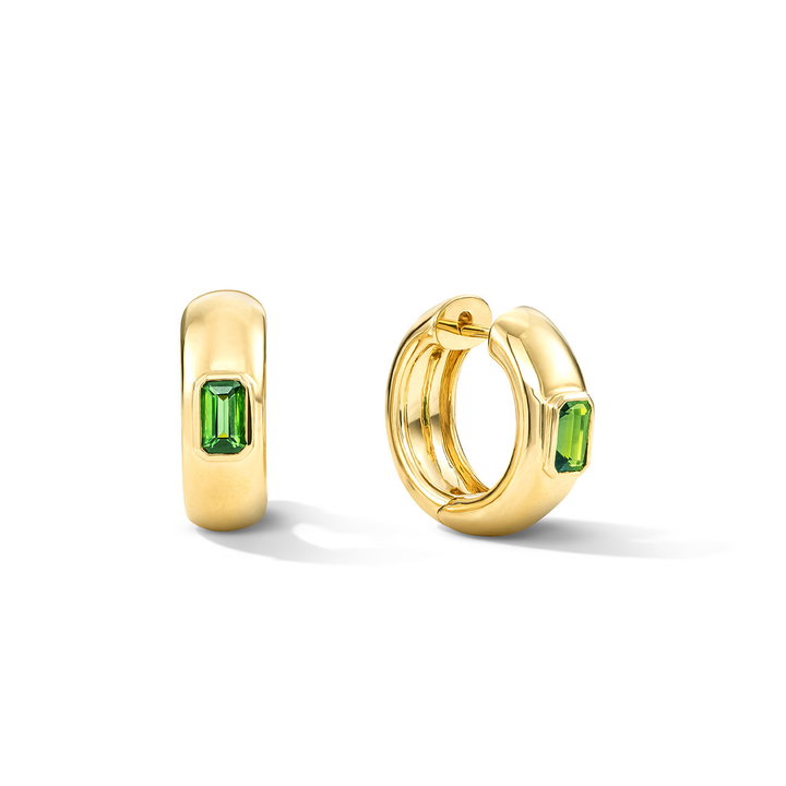 Emerald-Cut Green Tourmaline Bezel Hoop Earrings In Solid 14K Yellow Gold