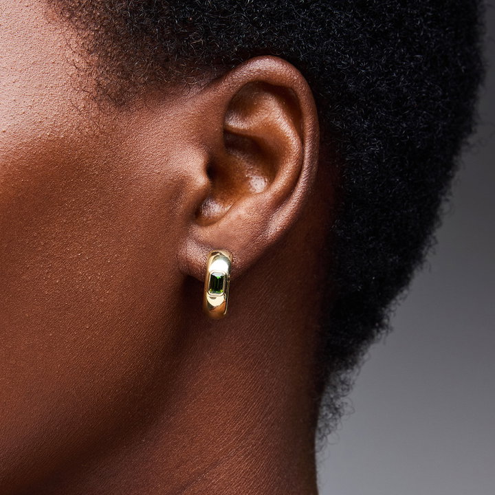 Emerald-Cut Green Tourmaline Bezel Hoop Earrings In Solid 14K Yellow Gold