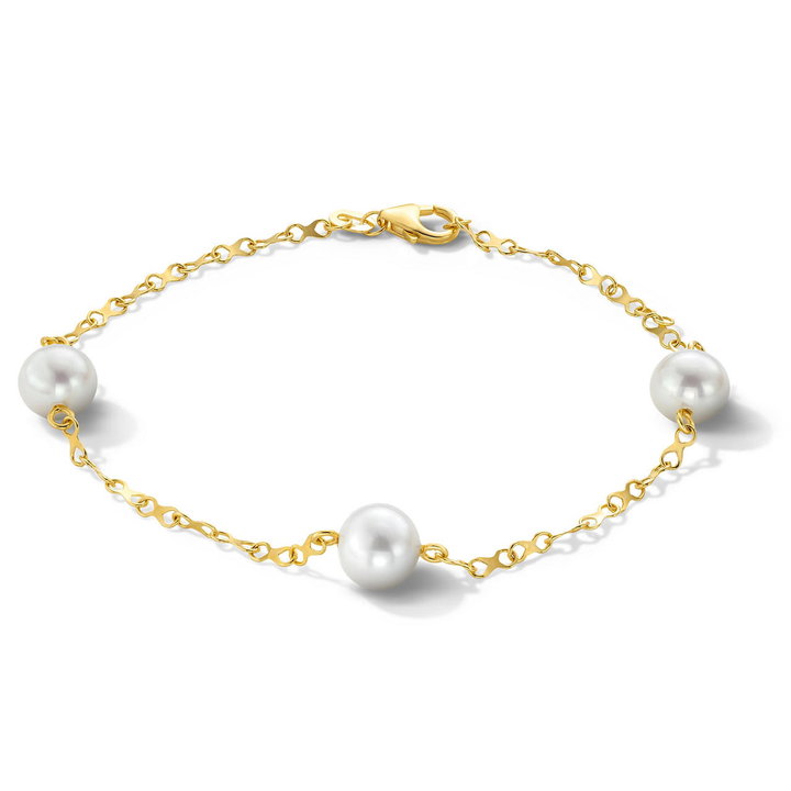 Yellow Gold Pearl Station Bracelet In Solid 14K Yellow Gold