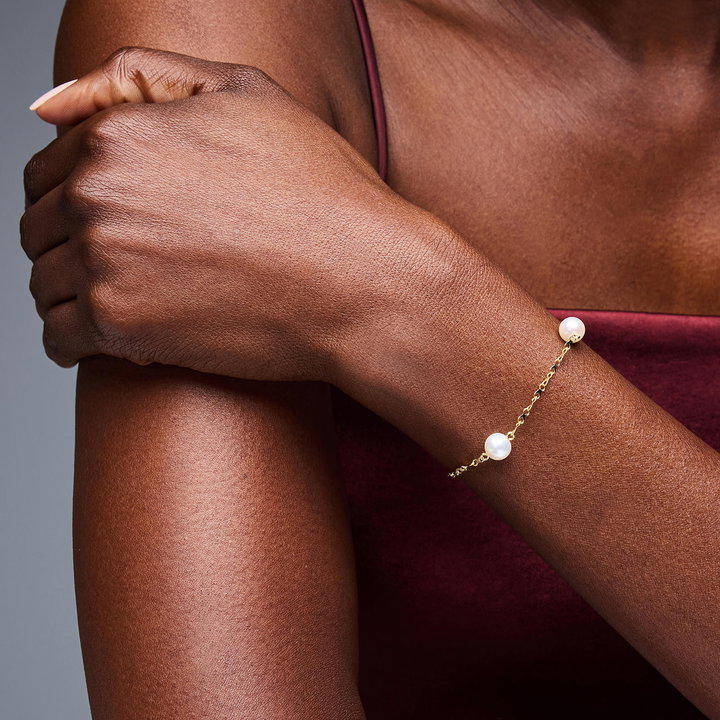 Yellow Gold Pearl Station Bracelet In Solid 14K Yellow Gold