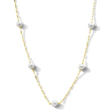 Yellow Gold Pearl Station Necklace In Solid 14K Yellow Gold