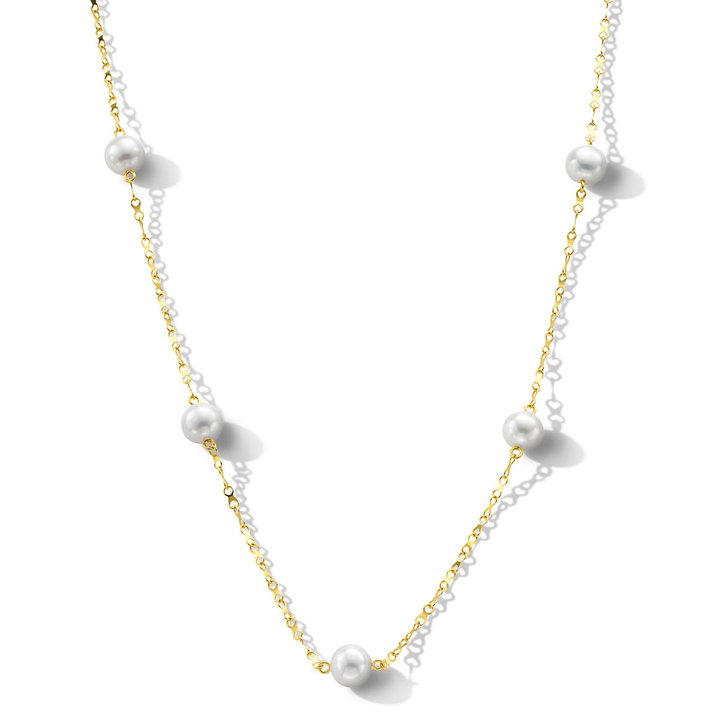 Yellow Gold Pearl Station Necklace In Solid 14K Yellow Gold