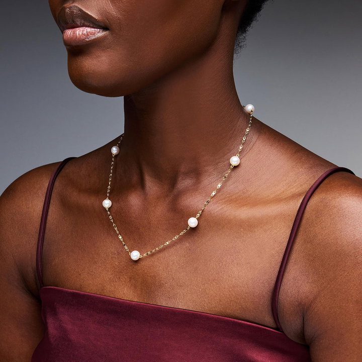 Yellow Gold Pearl Station Necklace In Solid 14K Yellow Gold