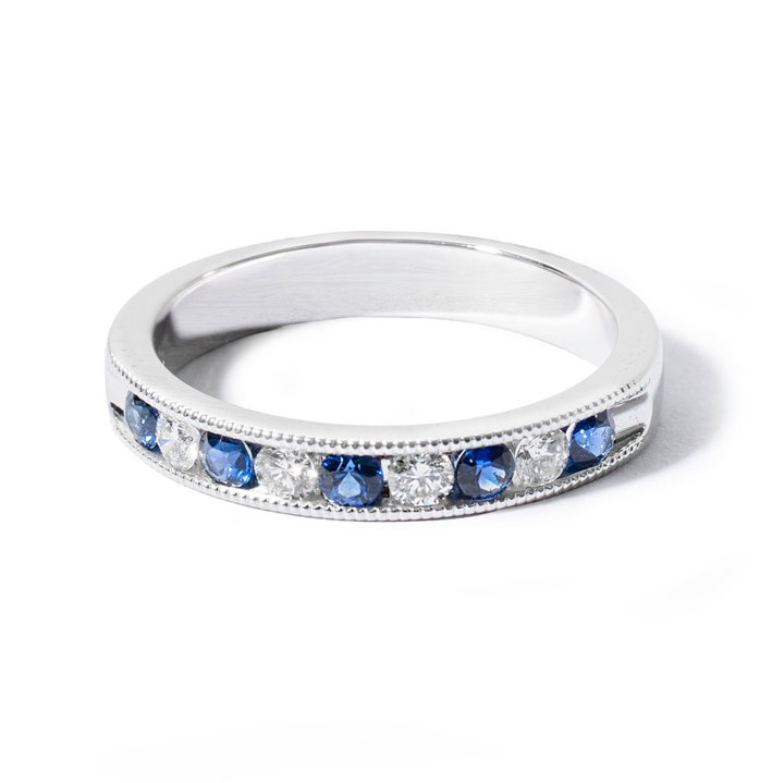 Blue Sapphire & Diamond Milgrain Wedding Band In Solid 14K White Gold