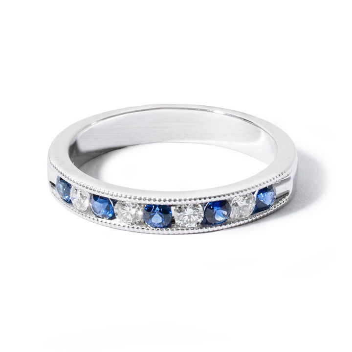 Blue Sapphire & Diamond Milgrain Wedding Band In White Gold 14K