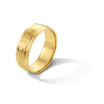 Hammered High Polished Edge 7mm Wedding Band In Yellow Gold 14K