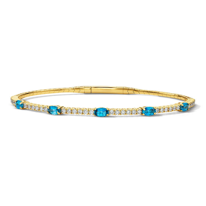 Diamond and London Blue Topaz Flexible Bangle Bracelet In Solid 14K Yellow Gold