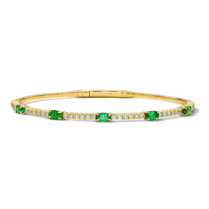 Diamond and Green Tourmaline Flexible Bangle Bracelet In Yellow Gold 14K