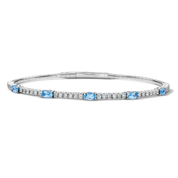 Diamond and Aquamarine Flexible Bangle Bracelet In White Gold 14K
