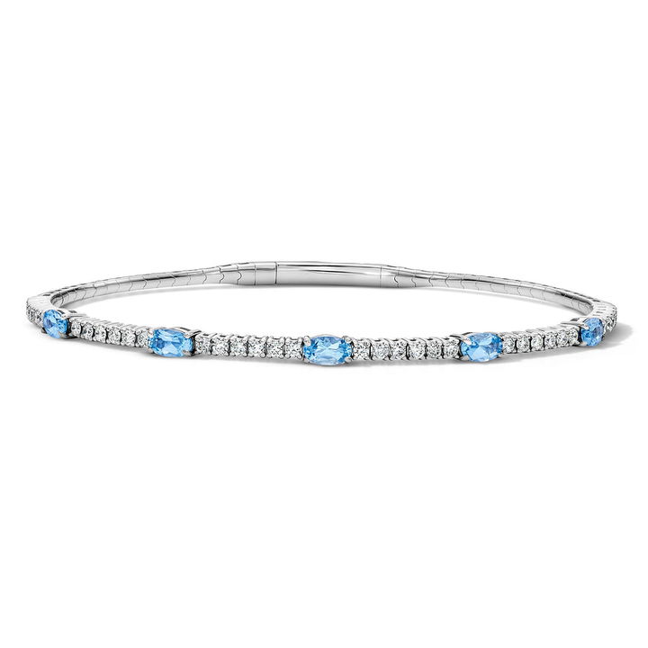 Diamond and Aquamarine Flexible Bangle Bracelet In White Gold 14K