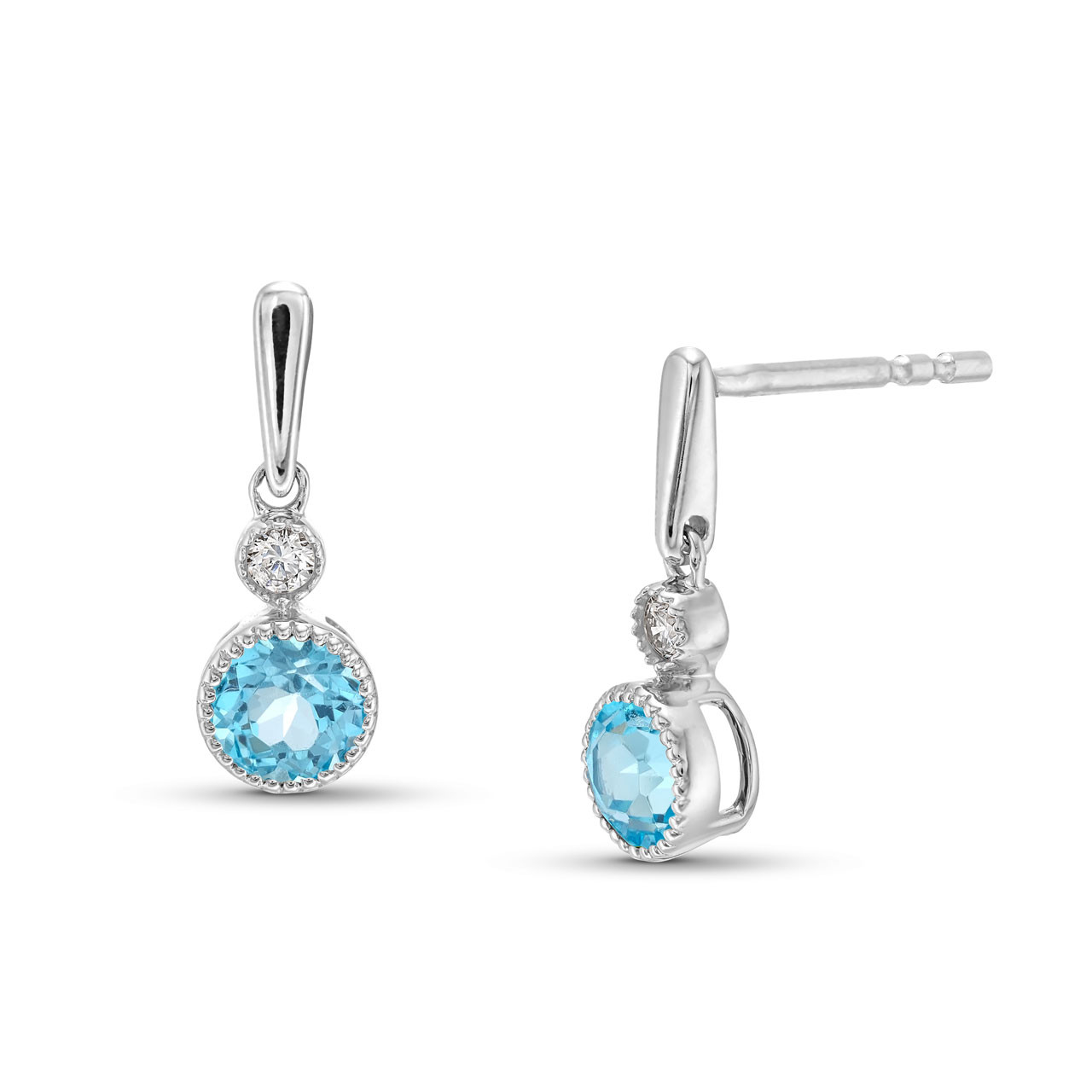 Blue Topaz & Diamond Bezel Milgrain Earrings