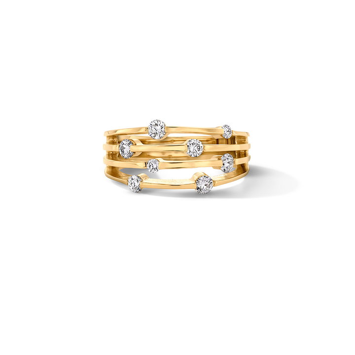 Four Row Scattered Diamond Ring In Solid 14K Yellow Gold