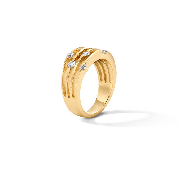 Four Row Scattered Diamond Ring In Solid 14K Yellow Gold