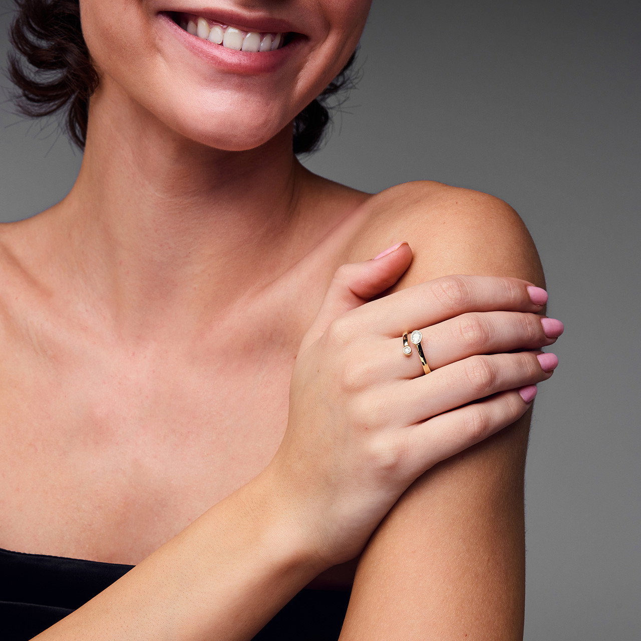 Oval & Round Diamond Bezel Open Bypass Ring