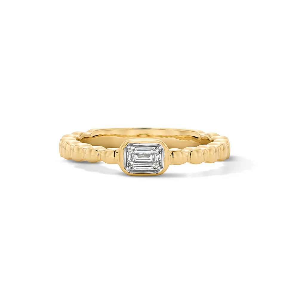Emerald-Cut Diamond Bezel Gold Beaded Ring