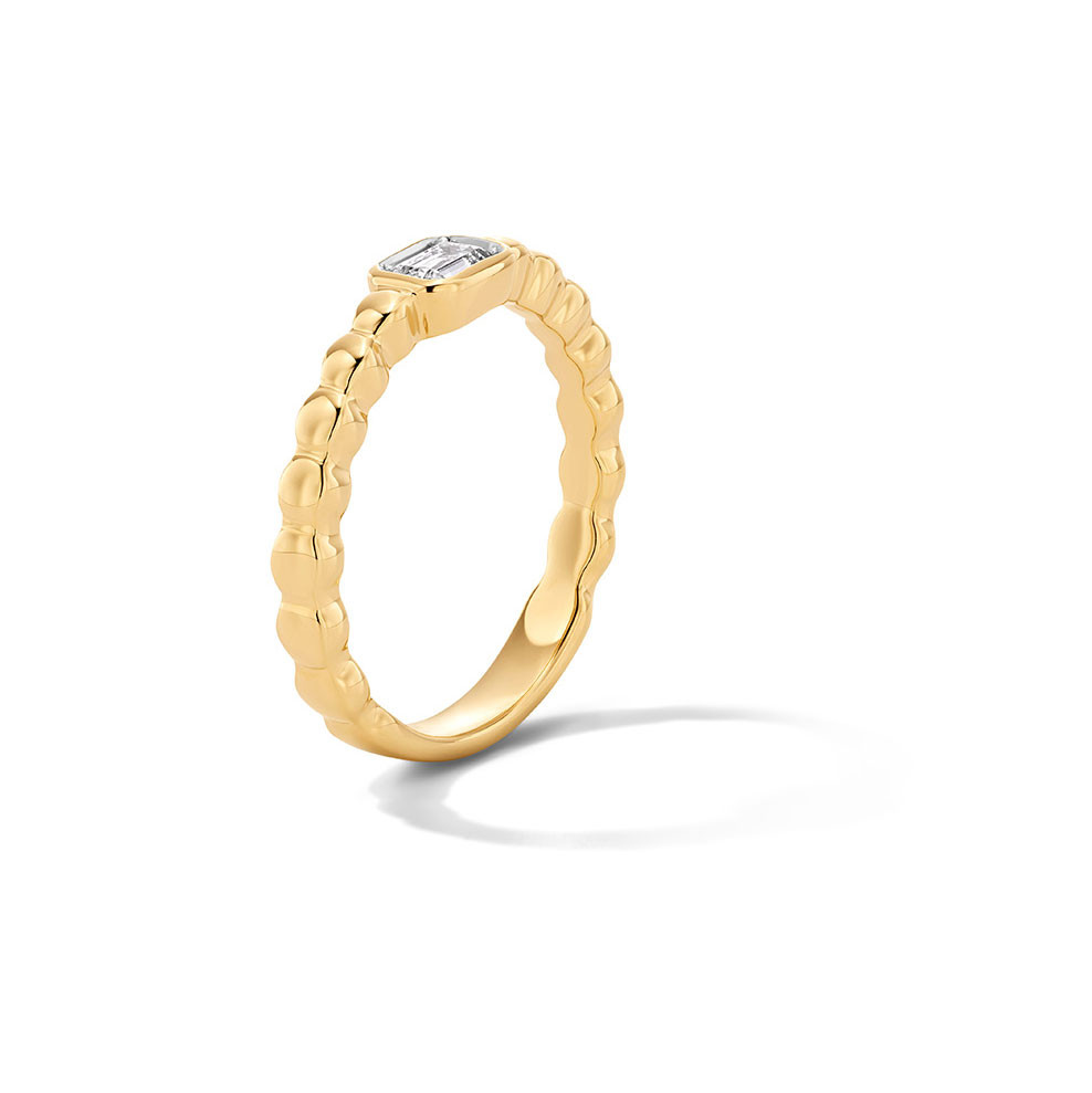 Emerald-Cut Diamond Bezel Gold Beaded Ring