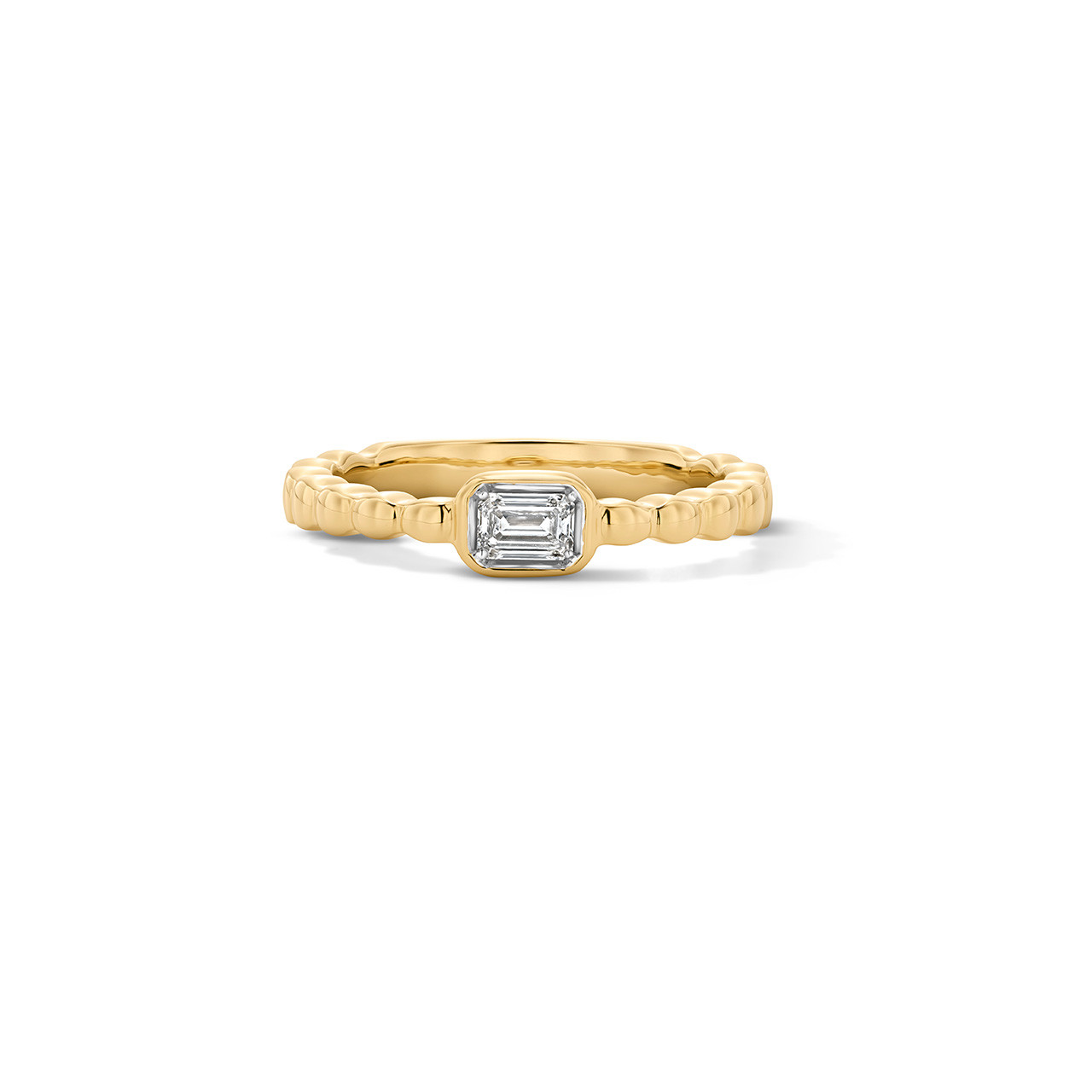 Emerald-Cut Diamond Bezel Gold Beaded Ring