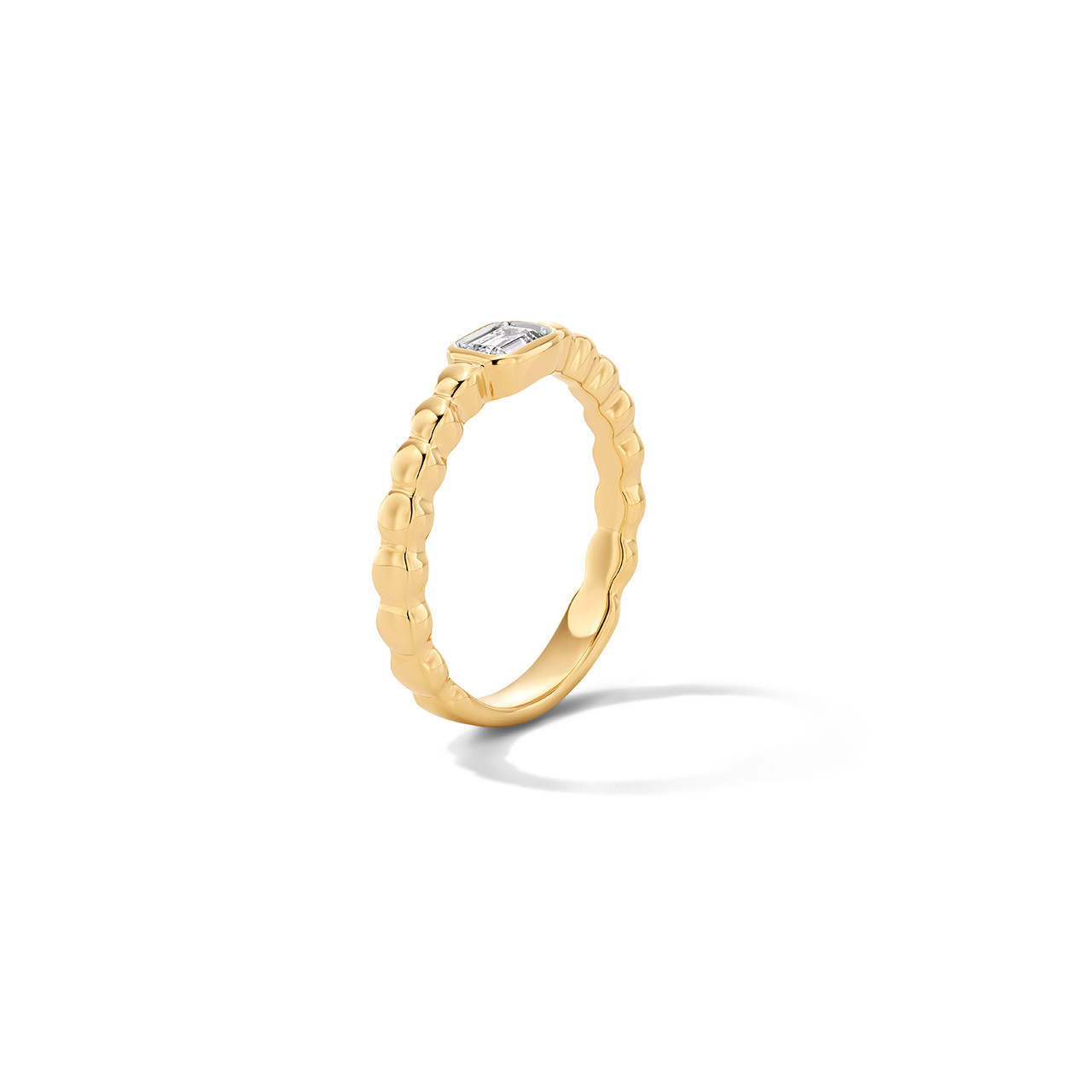 Emerald-Cut Diamond Bezel Gold Beaded Ring