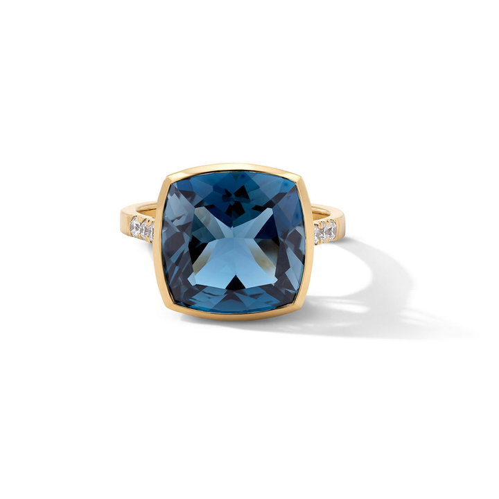 London Blue Topaz Bezel Ring In Solid 14K Yellow Gold