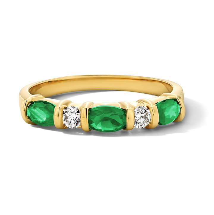 Oval Green Emerald Round Diamond Ring In Solid 14K Yellow Gold