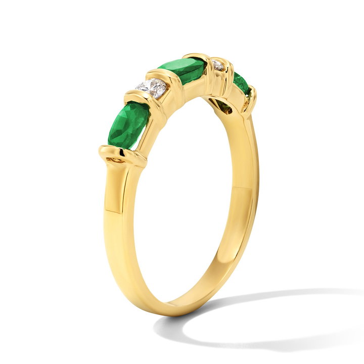 Oval Green Emerald Round Diamond Ring In Solid 14K Yellow Gold