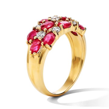 Multi-Row Ruby Diamond Ring In Solid 14K Yellow Gold