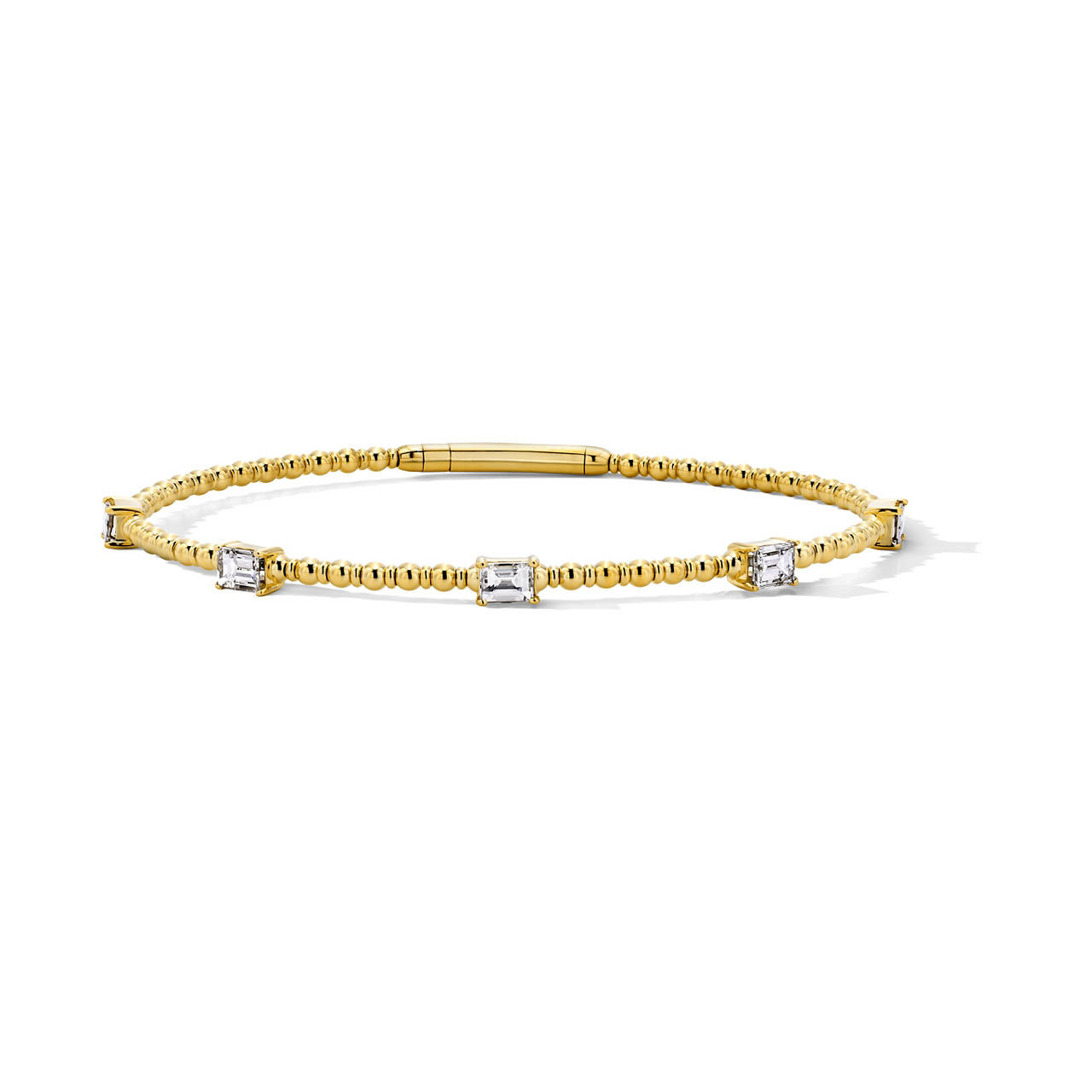 Emerald-Cut Diamond Flexible Gold Beaded Bracelet