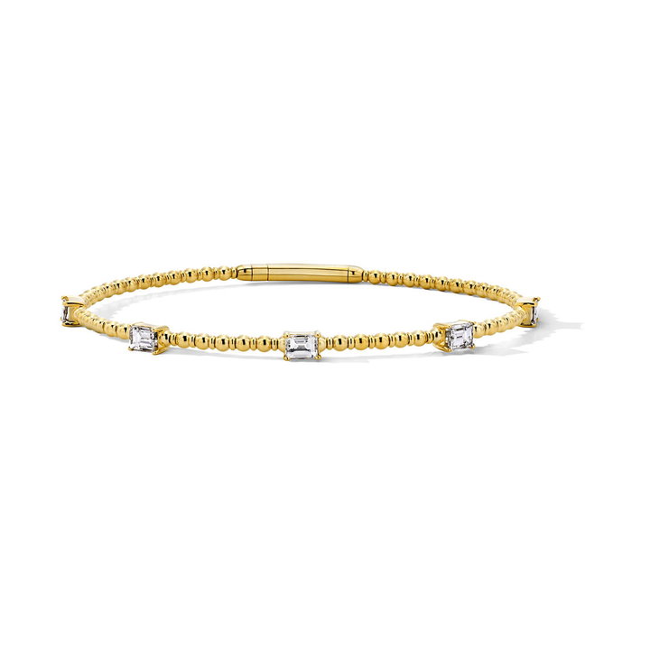Emerald-Cut Diamond Flexible Gold Beaded Bracelet In Solid 14K Yellow Gold