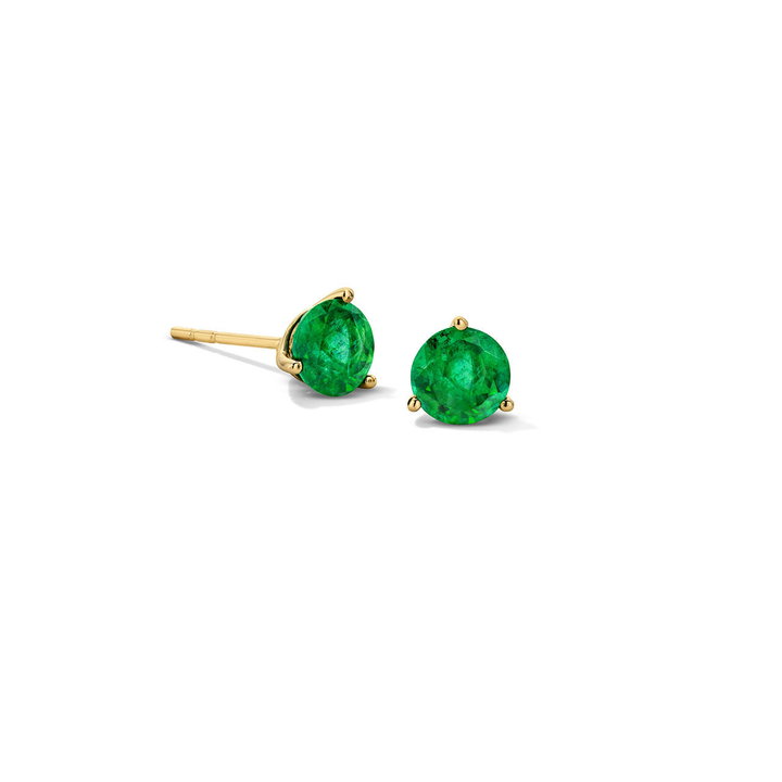 Green Emerald Three Prong Stud Earrings In Yellow Gold 14K