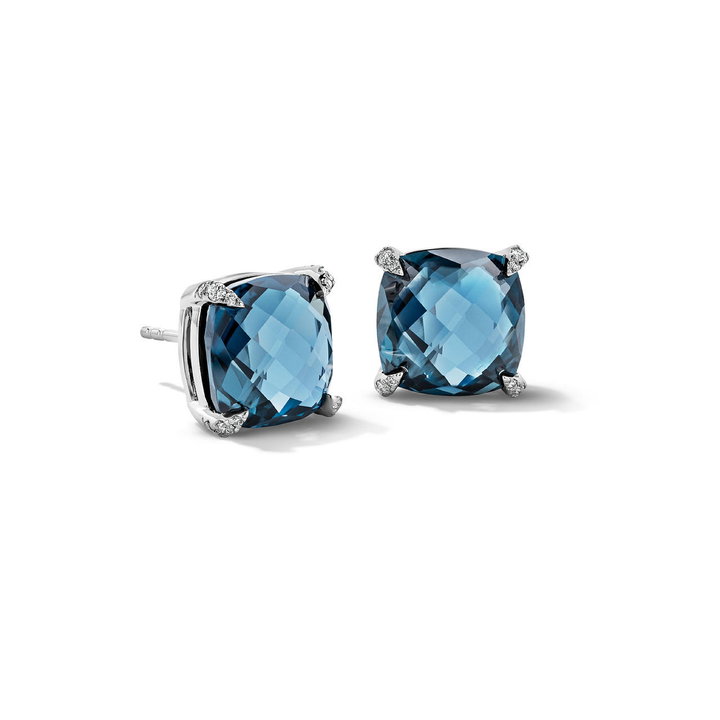 Cushion-Cut London Blue Topaz Stud Earrings In Solid 14K White Gold