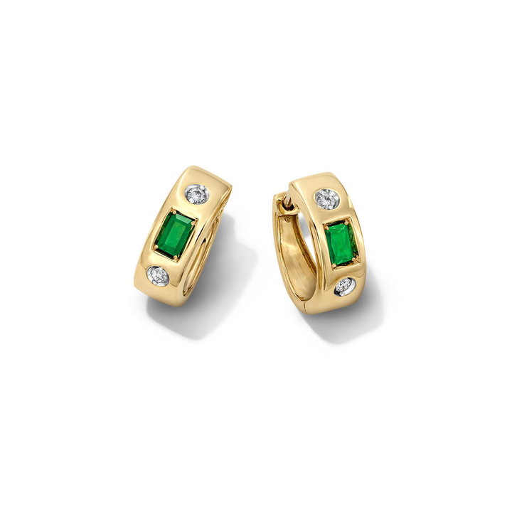 Green Emerald & Diamond Yellow Gold Huggie Earrings In Solid 14K Yellow Gold