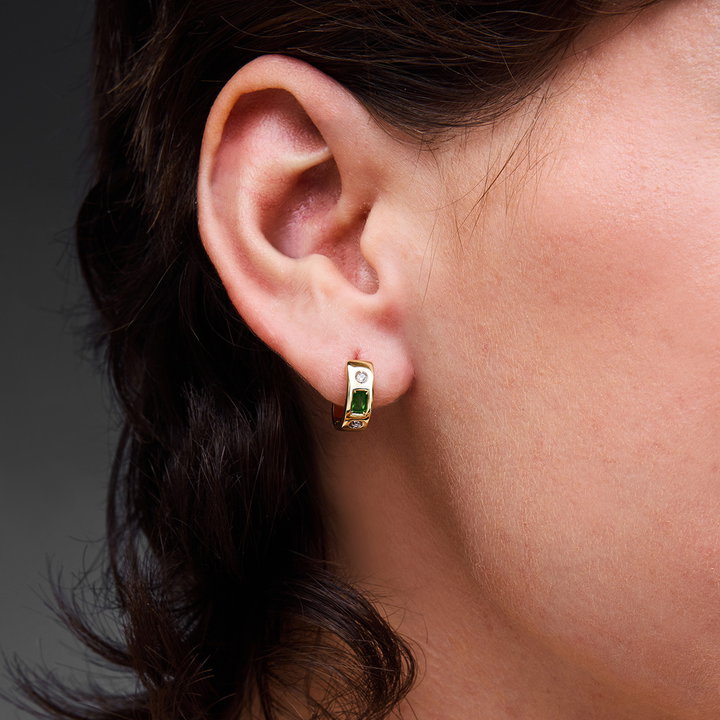 Green Emerald & Diamond Yellow Gold Huggie Earrings In Solid 14K Yellow Gold