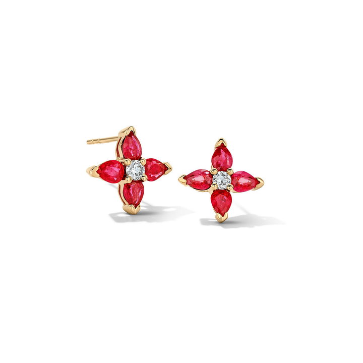 Ruby Floral-Inspired Stud Earrings In Solid 14K Yellow Gold