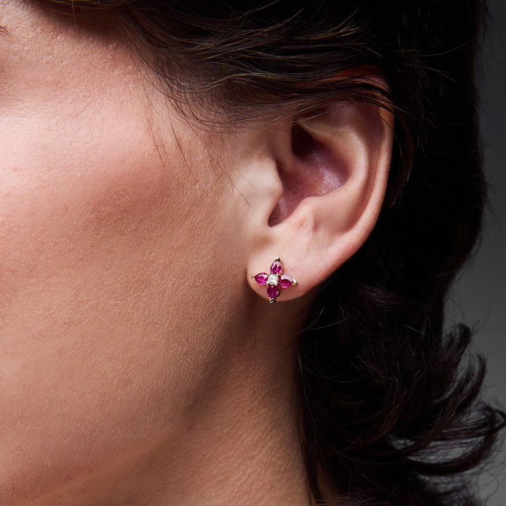 Ruby Floral-Inspired Stud Earrings In Solid 14K Yellow Gold
