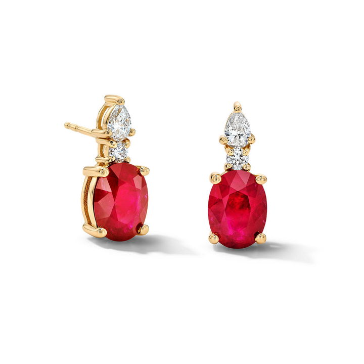 Oval Ruby & Diamond Drop Earrings In Yellow Gold 14K