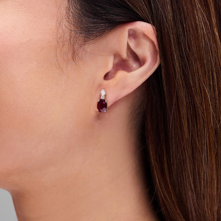 Oval Ruby & Diamond Drop Earrings In Yellow Gold 14K