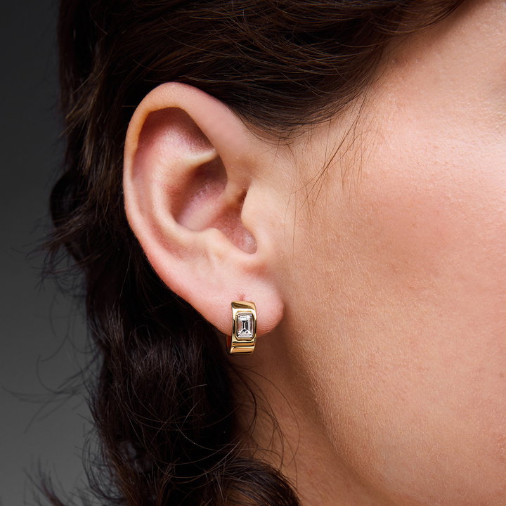 Baguette Bezel Diamond Yellow Gold Huggie Earrings In Yellow Gold 14K