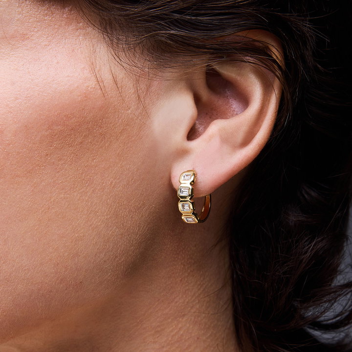 Baguette Bezel Diamond Hoop Earrings In Yellow Gold 14K