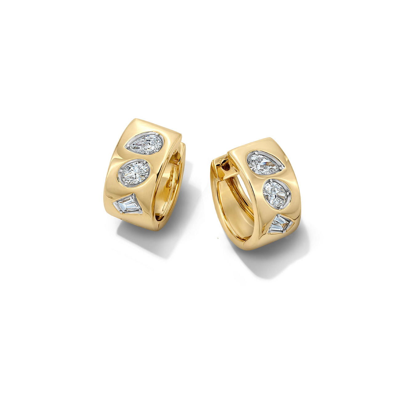 Mixed Diamond Yellow Gold Huggie Earrings
